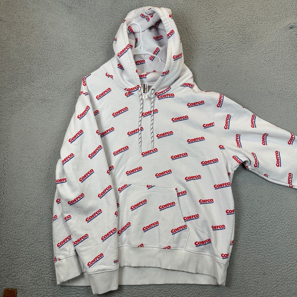 Kirkland Signature Hoodie Mens 2XL White All Over Print Costco Logo Pullover EUC